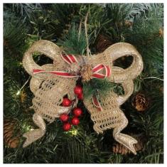 Kit 10 Enfeite Pendente Natalino Laço Dourado Com Brilho Natal 18cm