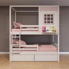 Beliche Casinha Reta Com 02 Gavetas E Grade Removível Madeira Maciça Branco/ Rosa Housin