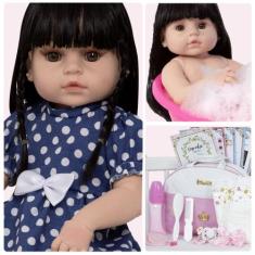 Boneca Tipo Reborn Laura Morena Fofa Pode Banho + Acessórios - Cegonha