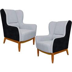 Kit 02 Poltronas Decorativa Base de Madeira Milena D02 Linho Cinza D-315 Corano Preto - Lyam Decor