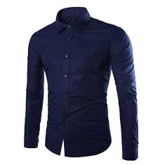 WSLCN Camisas sociais masculinas casuais com botões manga longa slim fit simples, Azul escuro, M