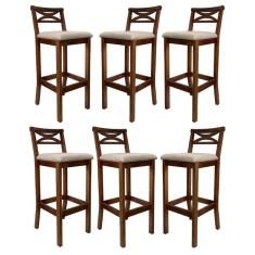 Kit 6 Banquetas Média Estofada para Bancada Madri Madeira Castanho Suede Bege CCS