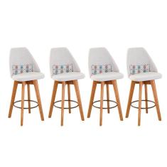 Kit 04 Banquetas Alta Maya Giratória Com Encosto Linho Bege Claro e Almofada Mosaico - Aurora Line