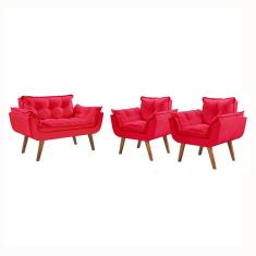 Conjunto Poltronas Opalla Lugar Pés Madeira Vermelho