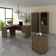 Conjunto Home Office 4 Peças 1 Escrivaninha Em L 1 Gaveteiro 1 Armário 1 Estante Espresso Móveis Nogal