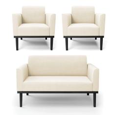 Sofá Namoradeira com 2 Poltronas Base de Madeira Fixa Preto Marisa Veludo Bege D03 - D`Rossi
