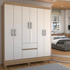Guarda-Roupa Casal Senna 6 Portas 2 Gavetas Amêndola Touch/Off White - Panorama Móveis