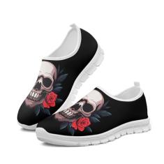 GOSTONG Tênis masculino antiderrapante, sola macia, confortável, corrida ao ar livre, respirável, malha fresca, tênis de academia, branco, 34 a 48, Caveira sorrindo, 36