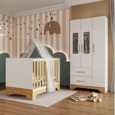 Quarto de Bebê Guarda-roupa com Janelas e Berço Minicama 100% Mdf Liam Espresso Móveis Branco Brilho/Amêndoa