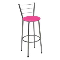 Banqueta Alta Cromada com Encosto Assento Rosa - Jaddi