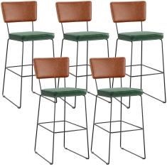 Kit 5 Banquetas Altas Allana L02 Industrial Aço Assento Estofado Camel Verde Musgo Lyam Decor