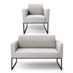 Sofá Namoradeira Com Poltrona Base Industrial Preto Marisa Veludo D03 - D\'rossi Cor Cinza