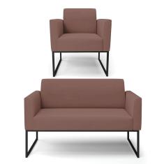 Sofá Namoradeira Com Poltrona Base Industrial Preto Marisa Veludo D03 - D\'rossi Cor Rose