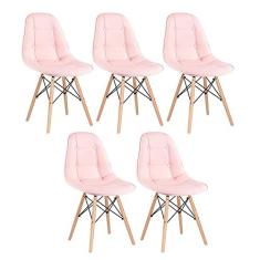 Loft7, Kit 5 Cadeiras Charles Eames Eiffel, Assento Estofado Botonê, Pés Em Madeira Clara E Elegante Versátil Sala De Jantar Cozinha Cafeteria Quarto, Rosa