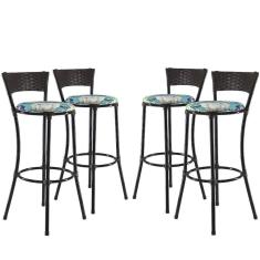 Jogo 4 Banquetas Alta Forts Fibra Uv Bancada, área Goumert, Bar, Piscina, Balcão, Floral Azul