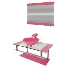 Gabinete de Vidro 90cm Inox com Cuba Redonda Rosa