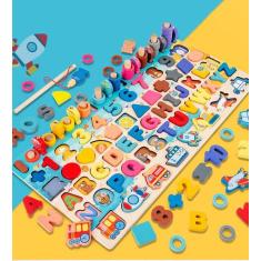 Quebra Cabeça Montessori de Madeira 45cm Pesca Peixes Pinos Argolas Nú