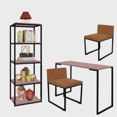 Kit Escritório Ravi 2 Cadeiras Suede Terracota com 1 Mesa e 1 Livreiro Ferro Preto mdf Rose Rosa - Ahazzo Móveis