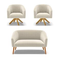 Kit 1 Sofá Namoradeira e 2 Poltronas Stella Bouclê Base de Madeira MA30 - D`Rossi