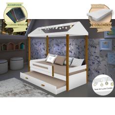 Beliche Montessoriana Infantil Sara Solteiro C/ Led e Colchões - Branco/amêndoa Incluso Lousa Mágica