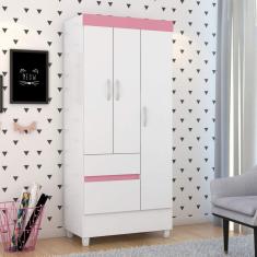Guarda Roupa Solteiro 3 Portas 2 Gavetas 3 Prateleiras Demobile Branco/Rosa
