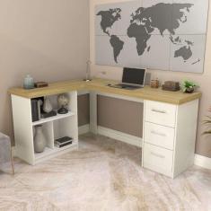 Escrivaninha em L 3 Nichos 3 Gavetas Artany Olmo/Branca
