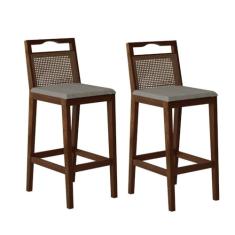 Conjunto com 2 Banquetas Madeira Maciça Rattan Vittoria Capuccino