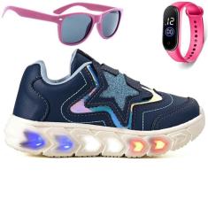 Tenis Infantil De Led Meninas Estrela Holografico Casual LIGHT + Oculos Relogio-Feminino
