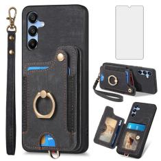 Asuwish Capa de telefone para Samsung Galaxy A55 5G capa carteira com protetor de tela de vidro temperado e alça de pulso RFID suporte de cartão de crédito anel acessórios de celular A 55 55A A555G