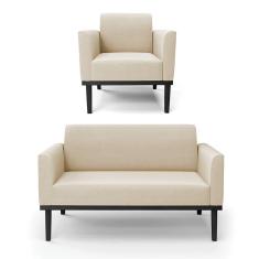 Sofá Namoradeira Com Poltrona Base De Madeira Fixa Preto Marisa Suede Bege D03 - D`Rossi