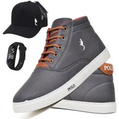 Tênis Masculino Casual Cano Alto + Boné + Relógio Kit 3-Masculino