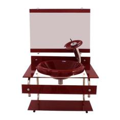 Gabinete Para Banheiro De Vidro 60Cm Inox - Vermelho Cereja - Cubas E 