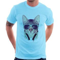 Camiseta Gato Headphone - Foca na Moda, Azul bebê, GG