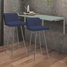 Kit Mesa Suspensa de Parede Fixa mdf Verde Oliva + 2 Banquetas Lexi Ferro Prata Sintético Azul Marinho - Ahazzo Móveis