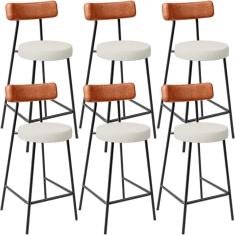 Kit 06 Banquetas Baixa Cozinha Sala Jantar Milão L02 Couríssimo Camel Linho Champagne - Lyam Decor