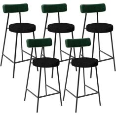 Kit 05 Banquetas Baixa Bar Cozinha E Sala De Jantar Milão L02 Facto Verde Linho Chumbo - Lyam Decor