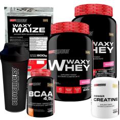 Kit 2x waxy whey morango waxy maize creatina bcaa shaker