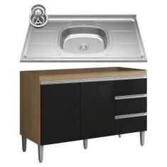 Balcão de Cozinha Com Pia Inox 100cm 3 Gavetas Andréia Amêndoa/Preto -