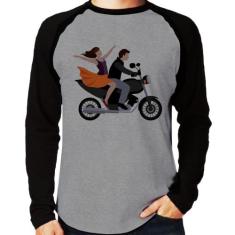 Camiseta Raglan Moto Casal Manga Longa - Foca na Moda, Cinza, Preto, G