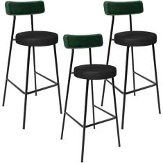 Kit 03 Banquetas Alta Bar Cozinha Sala De Jantar Milão L02 Facto Verde Couríssimo Preto - Lyam Decor
