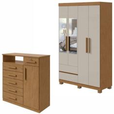 Conjunto de Guarda-Roupa 4 Portas com Espelho e Pés Zeus e Cômoda Da Vinci Amêndoa Clean/Off White