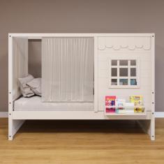 Cama Casinha Reta com Cortina Madeira Maciça Branco Housin