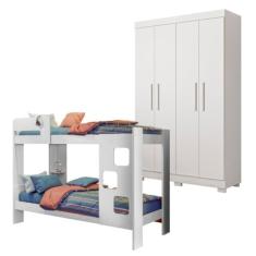 Quarto Infantil/juvenil com Beliche Vegas e Guarda Roupa 4 Portas 3 Gavetas Flórida 100% Mdf Branco