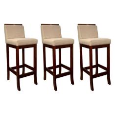 Kit 3 Banquetas Média para Bancada Turim Madeira Castanho Linho Bege CCS
