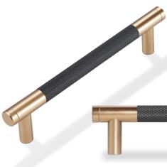 POVEFONK Puxadores de armário de cobre preto e champanhe de 12 cm - pacote com 10 puxadores serrilhados para gavetas e armários de cozinha (128 mm)