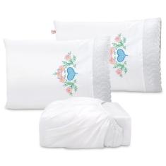 Jogo de Lençol Casal Queen Elástico Bordado com Lese Microfibra 3 Peça