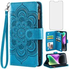 Asuwish Capa de celular para iPhone 14 de 6,1 polegadas com protetor de tela de vidro temperado e suporte de cartão de crédito flip de couro floral para celular iPhone14 5G i i-Phone i14 iPhone14 capa