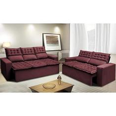 Conjunto de Sofá 3 e 2 Lugares Retrátil e Reclinável Cama Inbox Slim 2,00x1,50m Velusoft Vinho
