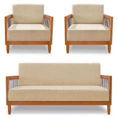 Kit 2 Poltronas E Sofá Living 2 Lugares Marilia 1,60m Linho Base Em Madeira Castanho - Pallazio Cor Dourado