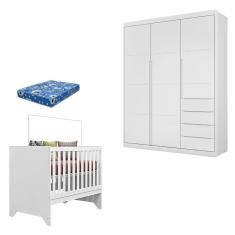 Berço Americano Maya e Guarda Roupa Infantil Blenda Branco Acetinado com Colchão Ortobom - Phoenix Baby
